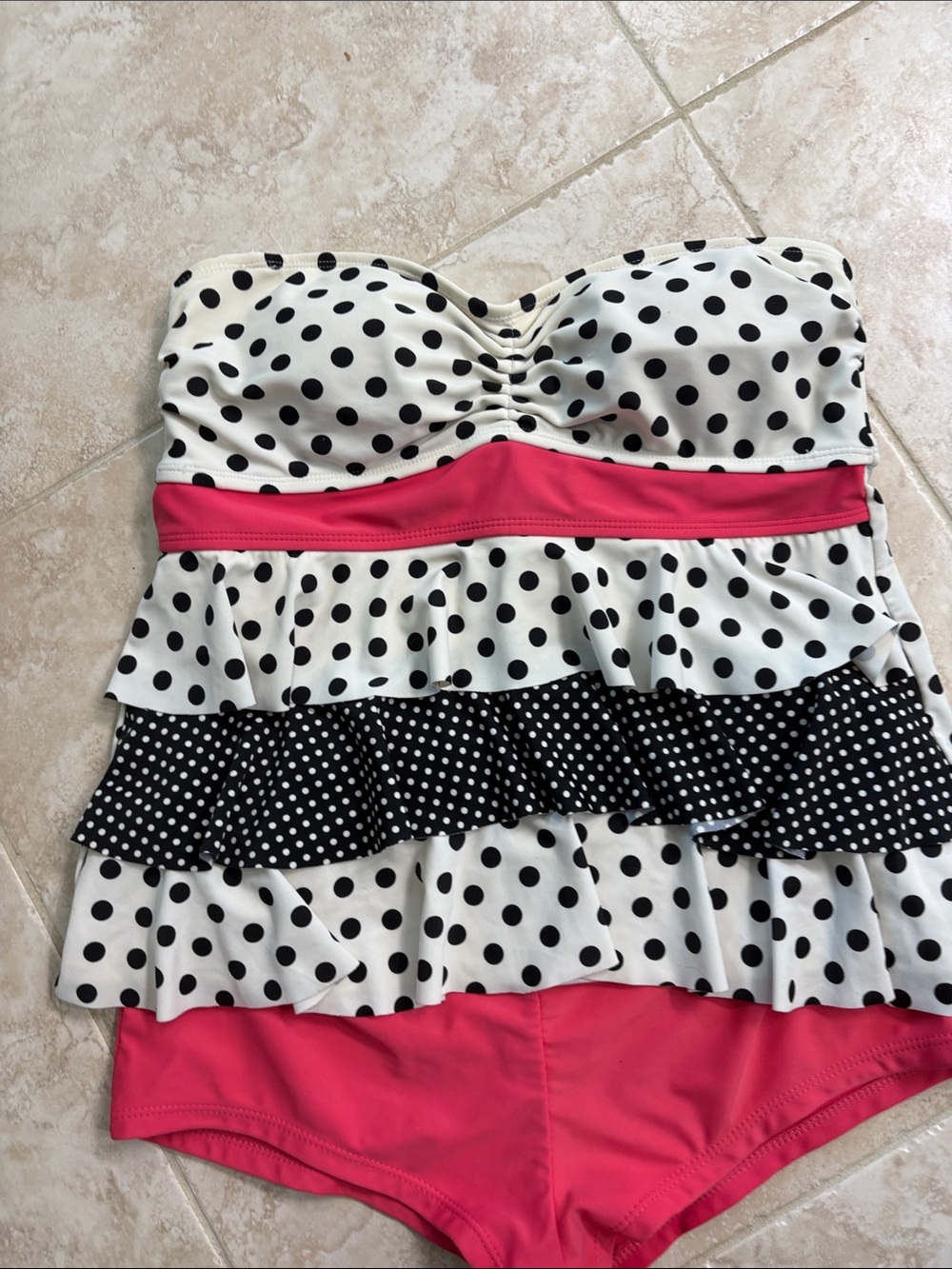 Polka Dot Ruffled Two-Piece Swimsuit in White, Black & Pink